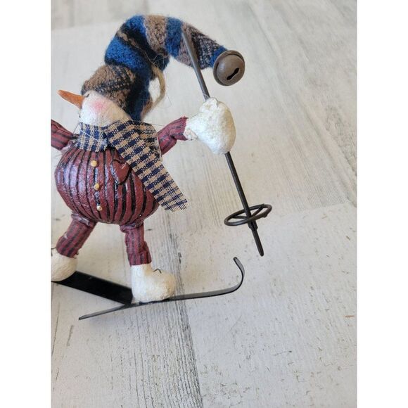 Rustic snowman skier skiing ornament Xmas hat bell - Picture 4 of 8